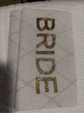 White Beaded 'BRIDE' Clutch with Gold Lettering